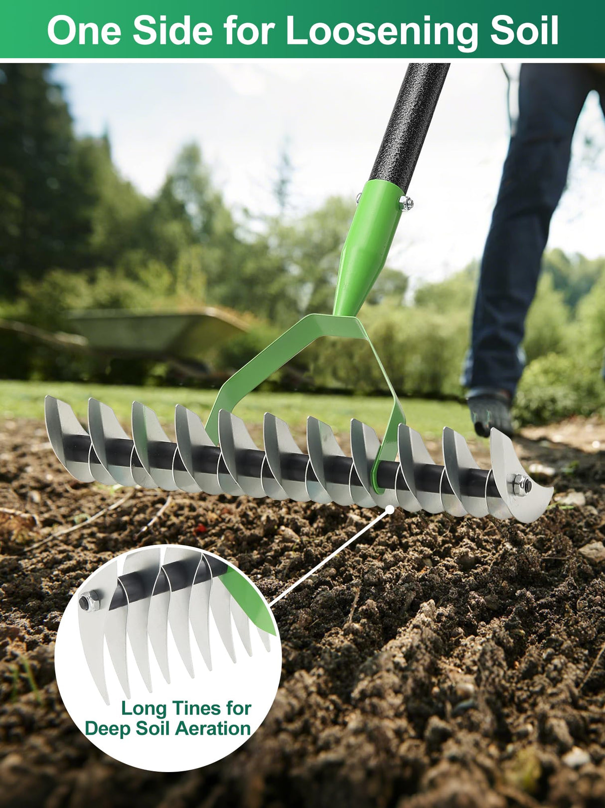 Thatch Rake for Lawns, Heavy Duty Garden Dethatcher Rakes with 46" Adjustable Long Handle, Double-Sided Sharp Tines for Dead Grass Moss Removal, Manual Metal Soil Loosening Thatching Tools for Yard
