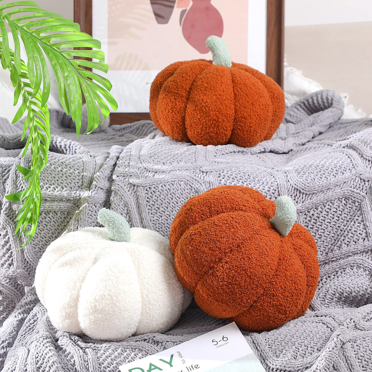 Kajaia 2 Pcs Simulated Pumpkin Pillow Plush 11 x 9.5 Inch 3D Cushion Fall Decorations Stuffed Throw Pillows Toy for Thanksgiving Christmas Halloween Bedroom Sofa Couch Supplies (White,Brown)