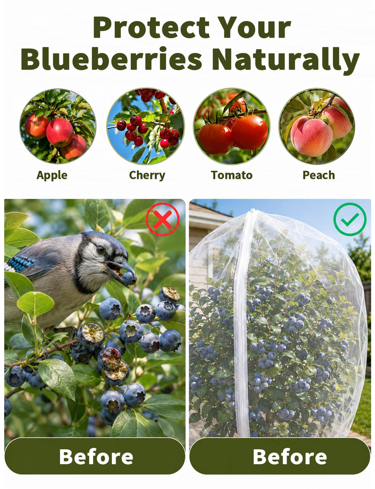 Garden Bird Netting for Insects, 2 Pack 5x3.28ft, Fruit Tree Netting with Zipper & Drawstring, Ultra Dense Mesh Plant Covers for Blueberry Tomato Cherry Peach Apple Trees Pest Barrier (5x3.28FT)