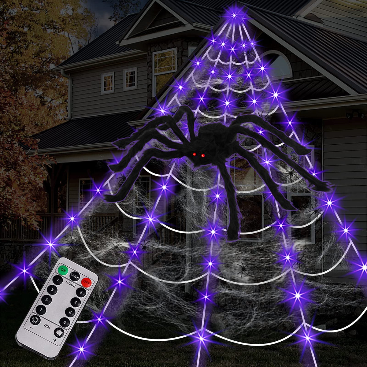 Spider Web Halloween Decorations Outdoor Lights, 125 Purple LED Light Up 16.4Ft Giant Spiderweb & 60" Large Spider & 22 Small Spiders & 20g Stretch Cobweb, 8 Modes Lighted Decor for Yard Outside