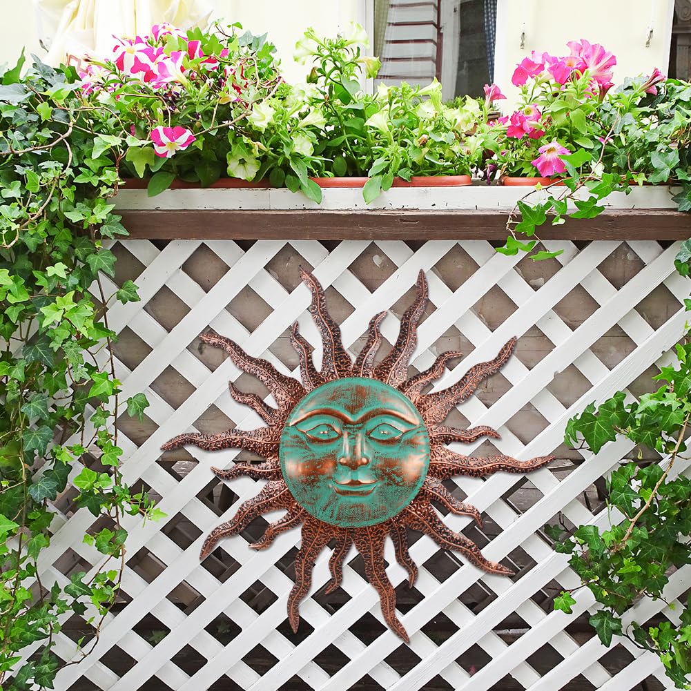 VEWOGARDEN Sun Outdoor Wall Decor, 30" Waterproof Large Metal Wall Art for Home Outside Patio Garden Fence Decorations, Brown & Green