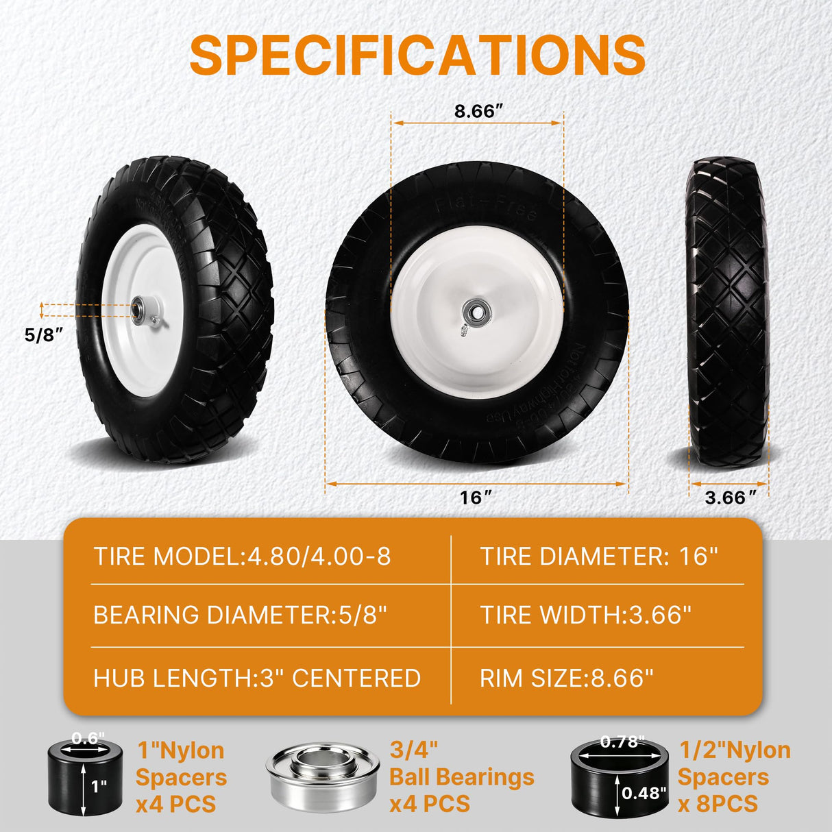 TPXQWL 16" 4.80/4.00-8 Flat Free Wheelbarrow Tire & Wheel, 2-Pack