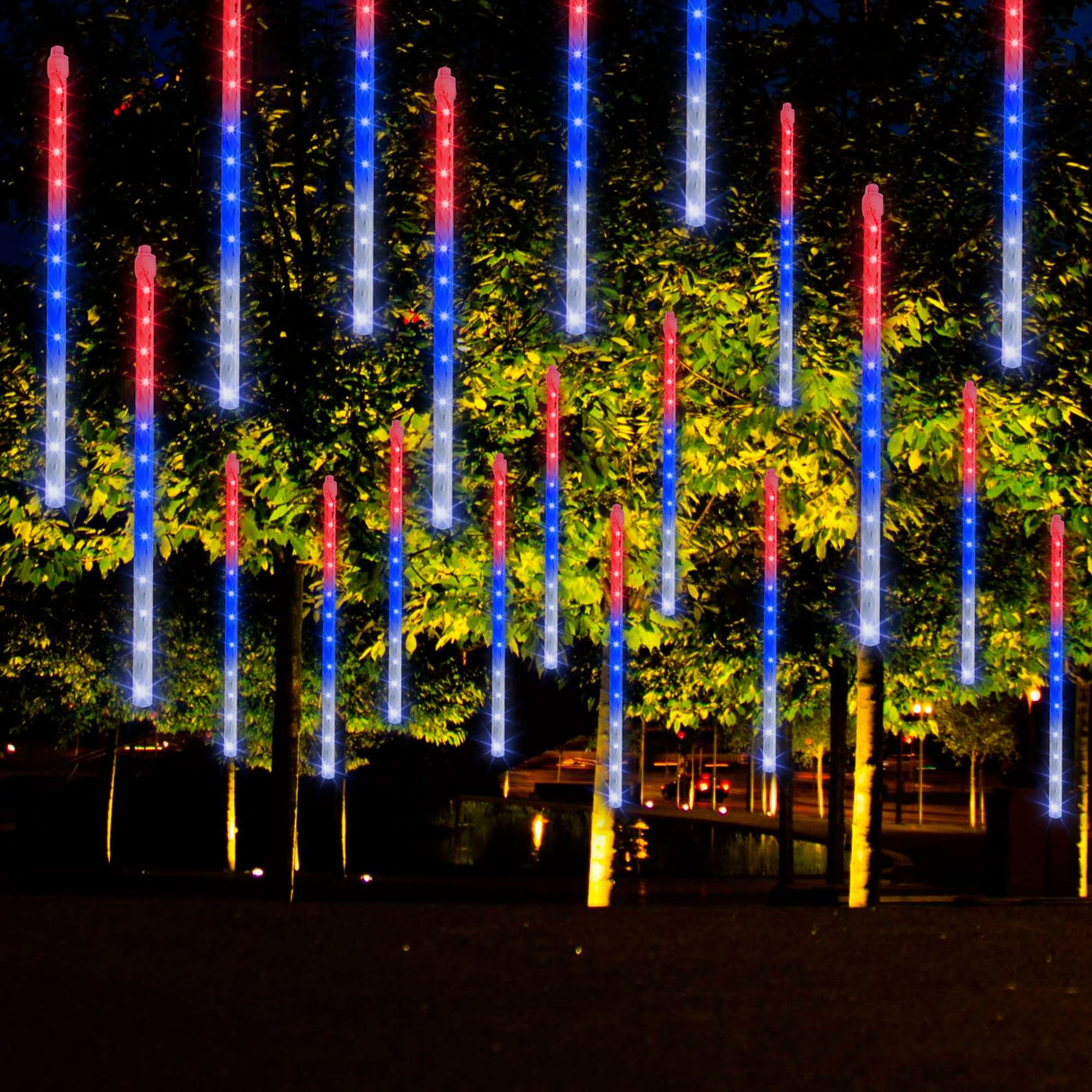 Dazzle Bright 4th of July Lights Decorations, 288LED Red Blue and White Meteor Shower Rain Lights 12Inch 8 Tubes, Waterproof Plug in Falling Rain Light Independence Day for Outdoor Yard