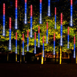 Dazzle Bright 4th of July Lights Decorations, 288LED Red Blue and White Meteor Shower Rain Lights 12Inch 8 Tubes, Waterproof Plug in Falling Rain Light Independence Day for Outdoor Yard