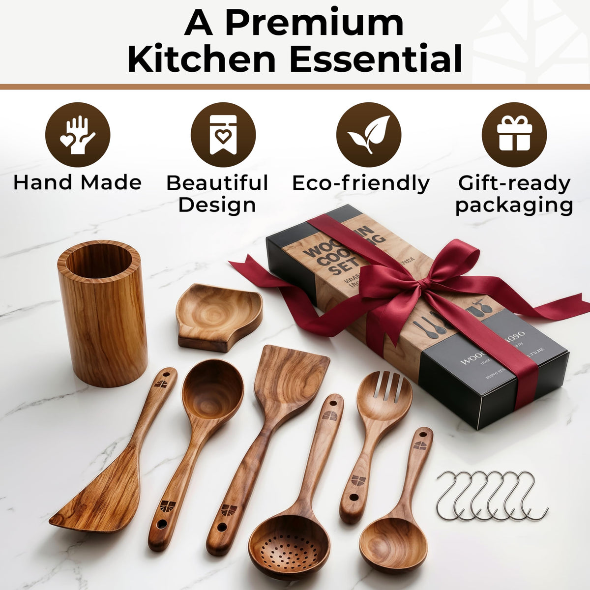Wooden Utensil Set, 8 Pcs Teak Wooden Spoons for Cooking with Holder