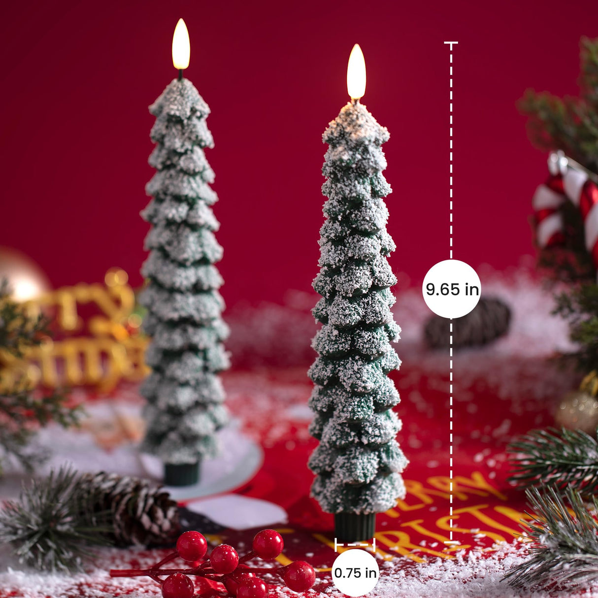 Stmarry 4 PCS Flameless Christmas Tree Candles with Remote, Snow Covered Real Wax Flameless Taper Candles 9.65 Inch, LED Candlesticks Battery Operated with 3D Flickering Flame, Christmas Candles Decor