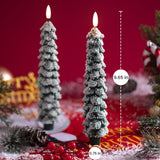 Stmarry 4 PCS Flameless Christmas Tree Candles with Remote, Snow Covered Real Wax Flameless Taper Candles 9.65 Inch, LED Candlesticks Battery Operated with 3D Flickering Flame, Christmas Candles Decor