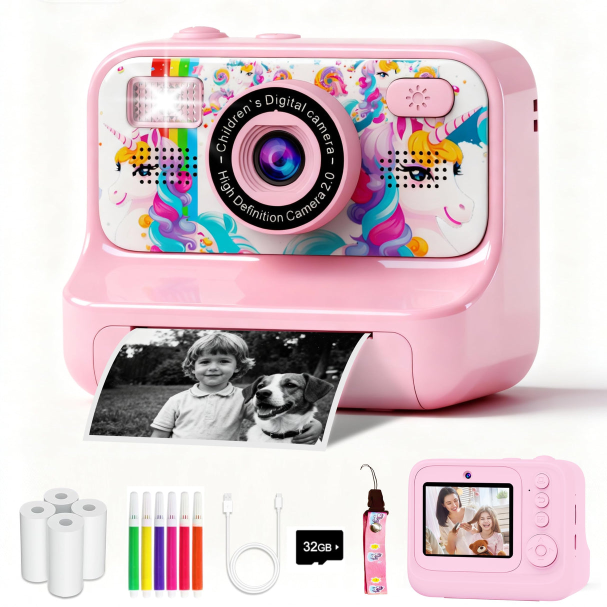 Kids Camera, Upgrade Kids Camera Instant Print, Front Rear Dual Selfie Digital CAM with 1080P Videos, Portable Travel Toy with Games and Music, Christmas Birthday Gift for Boys, Girls and Teens