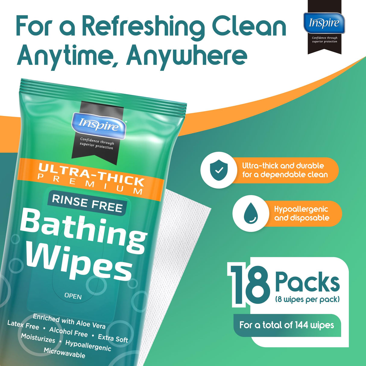 Inspire Ultra Thick Rinse Free Body Wash Wipes, Bathing Wipes, Shower Wipes - Rinse Free Wet Wipes, Thick Strong Extra Large With Aloe Vera Enriched