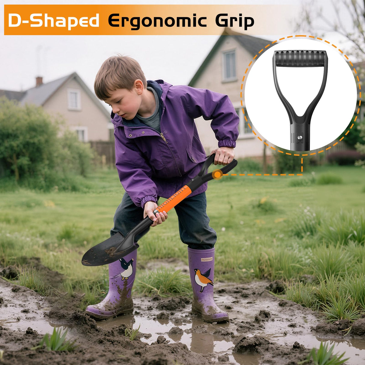 HIGHLIGHT Kids Small Shovel 28Inch Orange Fiberglass D Grip Beach Digging