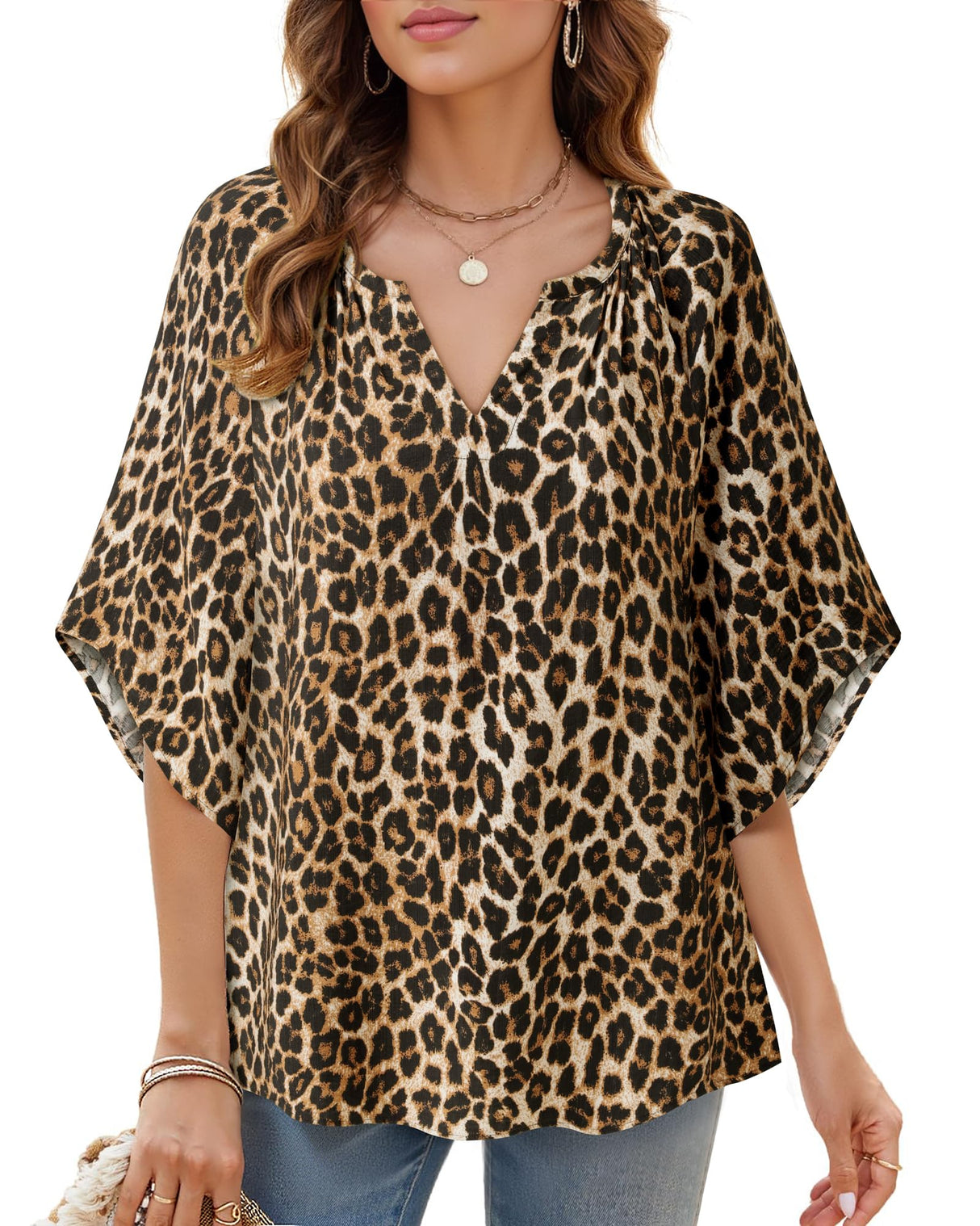 Bebonnie Leopard Print Tops for Women: Womens 3/4 Sleeve Fancy V Neck Work Formal Peasant Blouses Dressy Casual Shirts Flowy Holiday Christmas Outfits Loose Fit Tunic Tops Black Leopard XXL