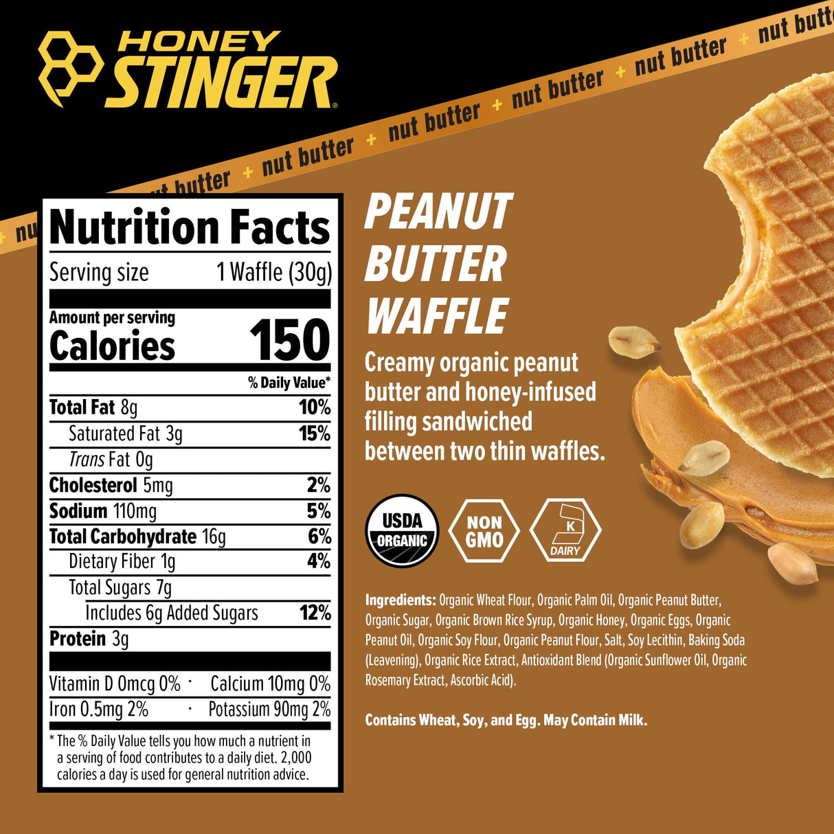 Honey Stinger Organic Peanut Butter Waffle, Energy Stroopwafel for Exercise, Endurance and Performance, Sports Nutrition for Home & Gym, Pre & During Workout, 16.96 Ounces (Pack of 16)