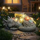 Garden Dragon Statue Outdoor Decor, Coiled Sleeping Dragon Figurine with Solar Light Succulent, Waterproof Resin Garden Sculpture for Outside Lawn Patio Yard Ornament