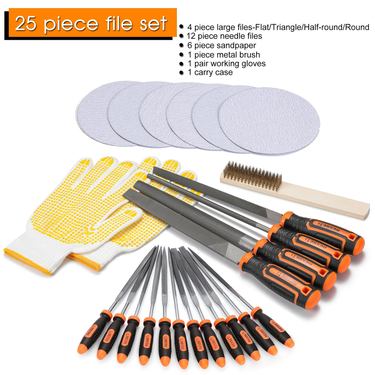 REXBETI 25Pcs Metal File Set, Premium Grade T12 Drop Forged Alloy Steel, Flat/Triangle/Half-round/Round Large File and 12pcs Needle Files with Carry Case, 6pcs Sandpaper, Brush, A Pair Working Gloves