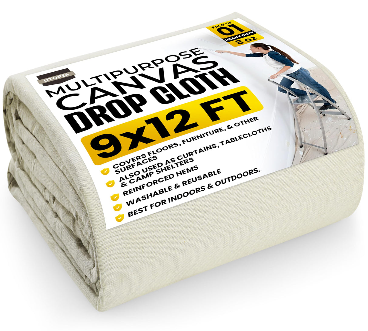 Utopia Drop Cloth (9x12 ft, 1 Pack) Washable and Reusable Drop Cloth for Painting, Furniture & Floor Protection Highly Absorbent Painting Tarp - Canvas Drop Cloth for Outdoor and Indoor Use