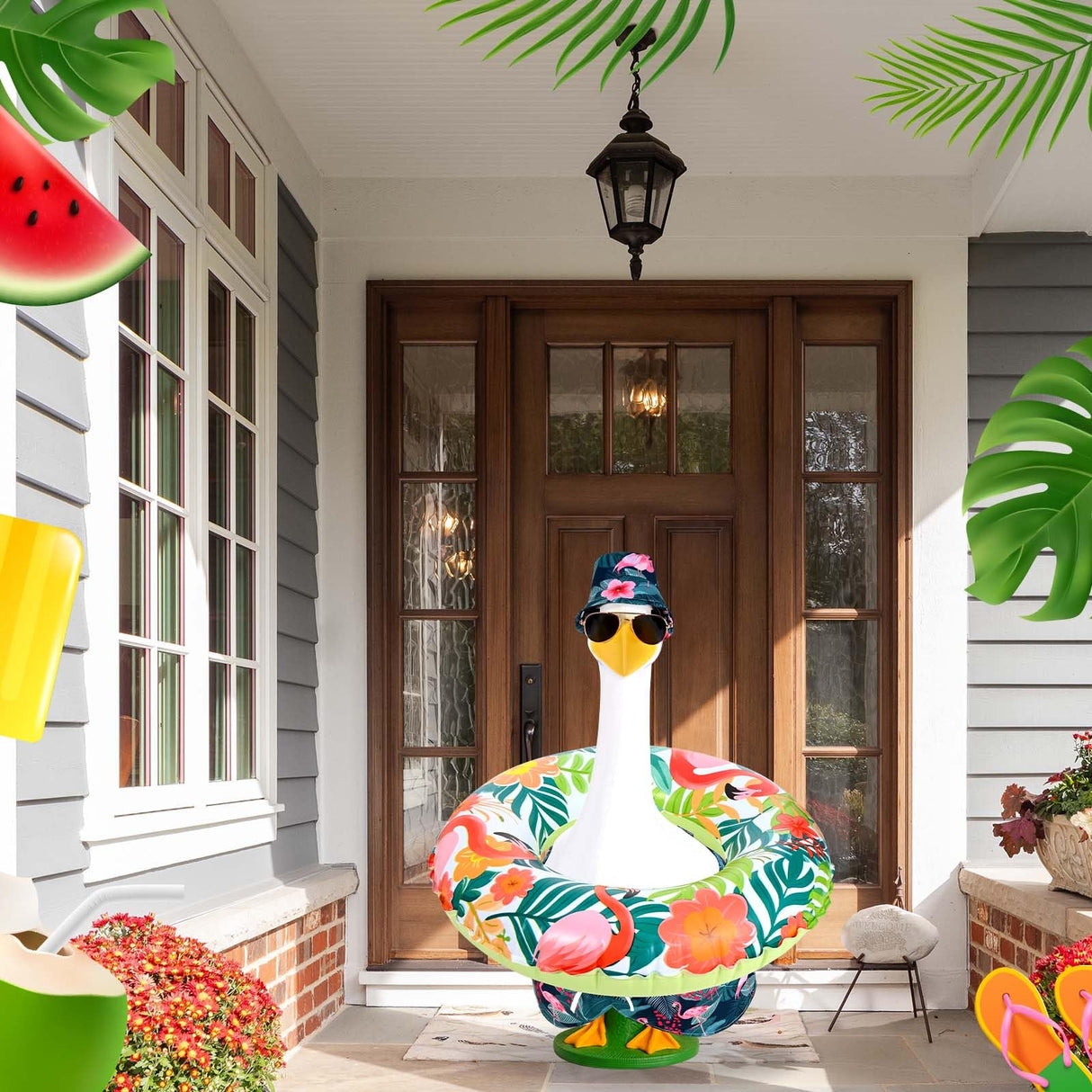 GANSHAYA Summer Goose Outfits Porch Goose Hawaiian Outfit 23 Inch Tropical Goose Clothes with Swim Trunks Sun Hat Sunglasses Swim Ring for Geese Statue Spring Summer Decor (Flamingo)