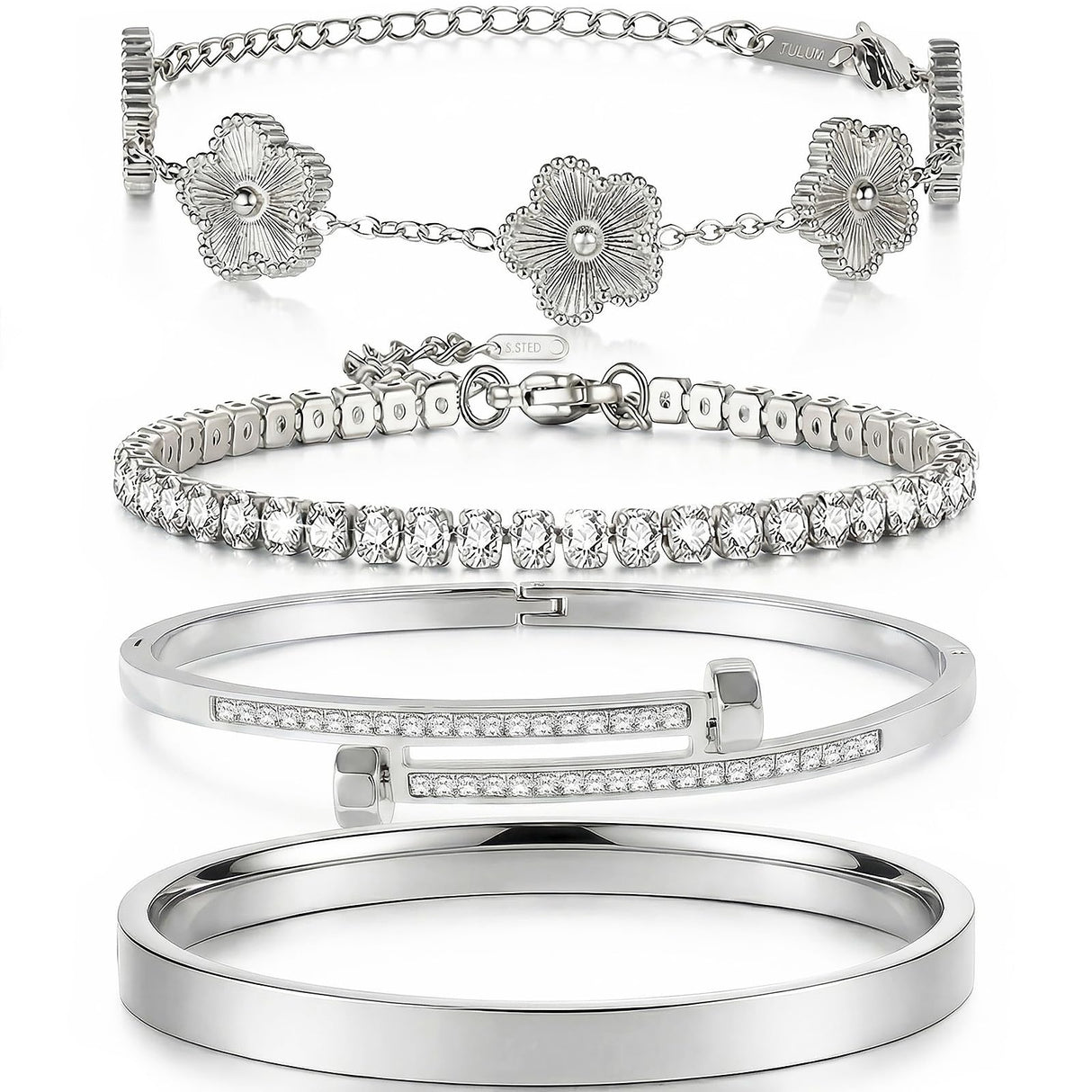 Camhanno Gold Bracelets for Women-4Pcs 18K Gold Plated Love Bangle Tennis Clover Nail Bracelets Stack Set for Women Trendy Non Tarnish Stainless Steel Gold Bangles Accessories Designer Jewelry (Silver Stack Bracelet -2)