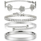 Camhanno Gold Bracelets for Women-4Pcs 18K Gold Plated Love Bangle Tennis Clover Nail Bracelets Stack Set for Women Trendy Non Tarnish Stainless Steel Gold Bangles Accessories Designer Jewelry (Silver Stack Bracelet -2)