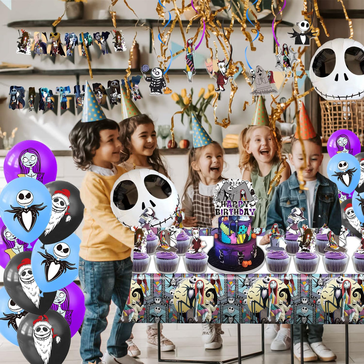 Favuit Birthday Decorations, Nightmare Christmas Party Supplies Halloween Birthday Party Decorations Set Includes Banner Balloons Tablecloth Backdrop Hanging Swirls Cake Toppers