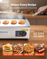 VEVOR Commercial Electric Griddle, 25.79 x 15.75 inch, 2800W, 122-570°F Adjustable Temp Control, Stainless Steel Body, Full Flat, with 2 Spatulas, 2 Brushes, and 4 Foot Pads, for Steak, Pancake