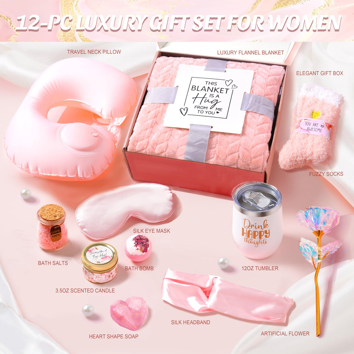 Birthday Gifts for Women Self Care Gifts Get Well Soon Gifts for Women,Relaxing Spa Gifts Basket w/Flannel Blanket Traveling Pillow Care Package christmas Birthday Gifts Idea for Mom Her Wife Friends
