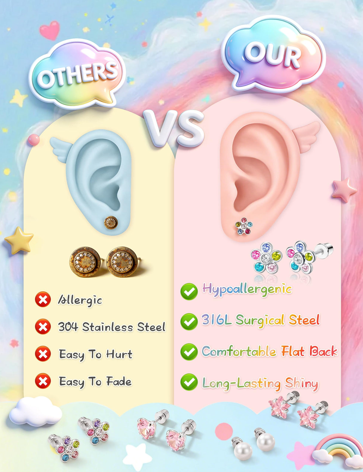 SAILIMUE 12 Pairs Hypoallergenic Screw Back Earrings for Women Girls Surgical Steel Cute Heart CZ Flower Pearl Ball Tiny Screwback Stud Earring