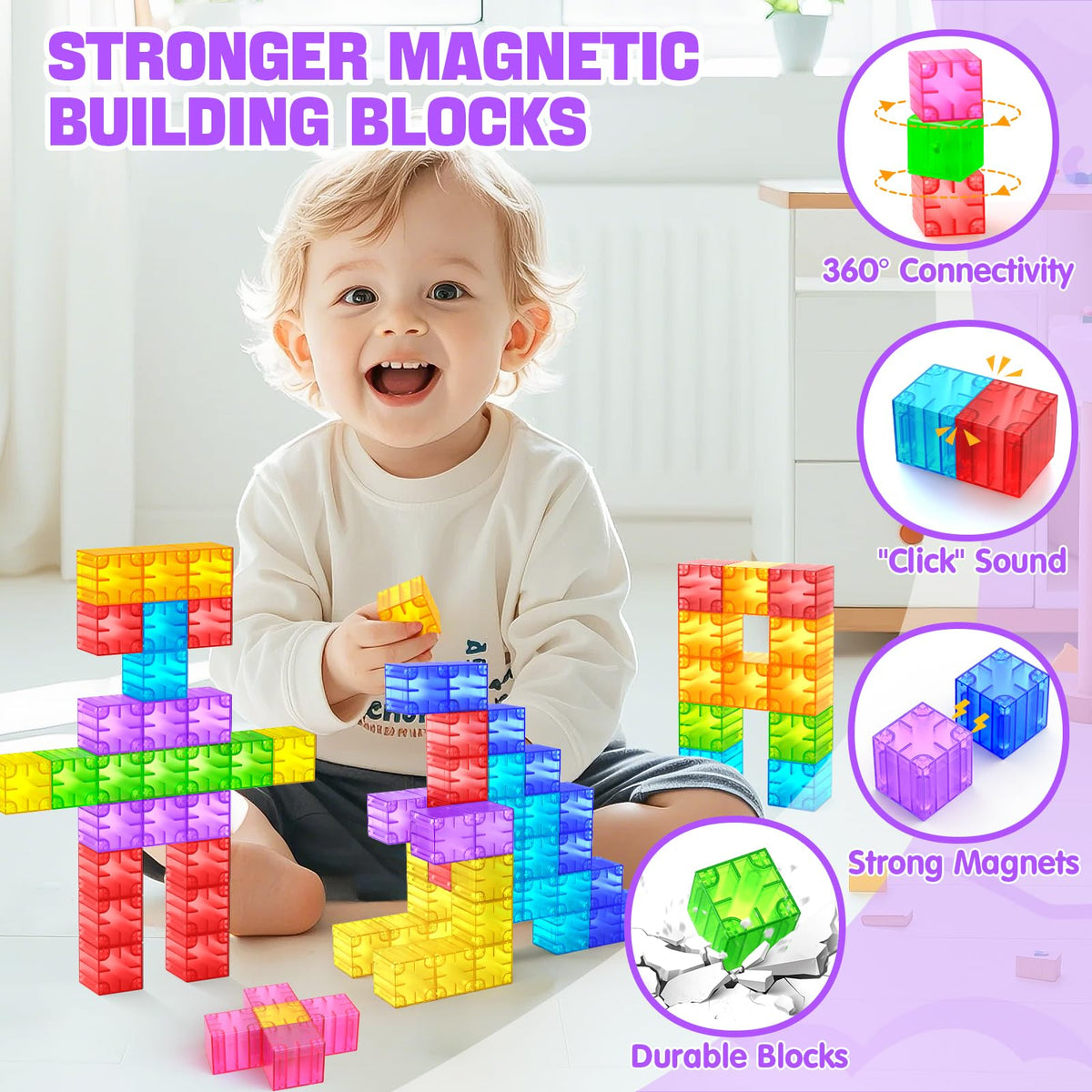Feoxialy Magnetic Blocks 52pcs Translucent Magnetic Cubes Building Blocks