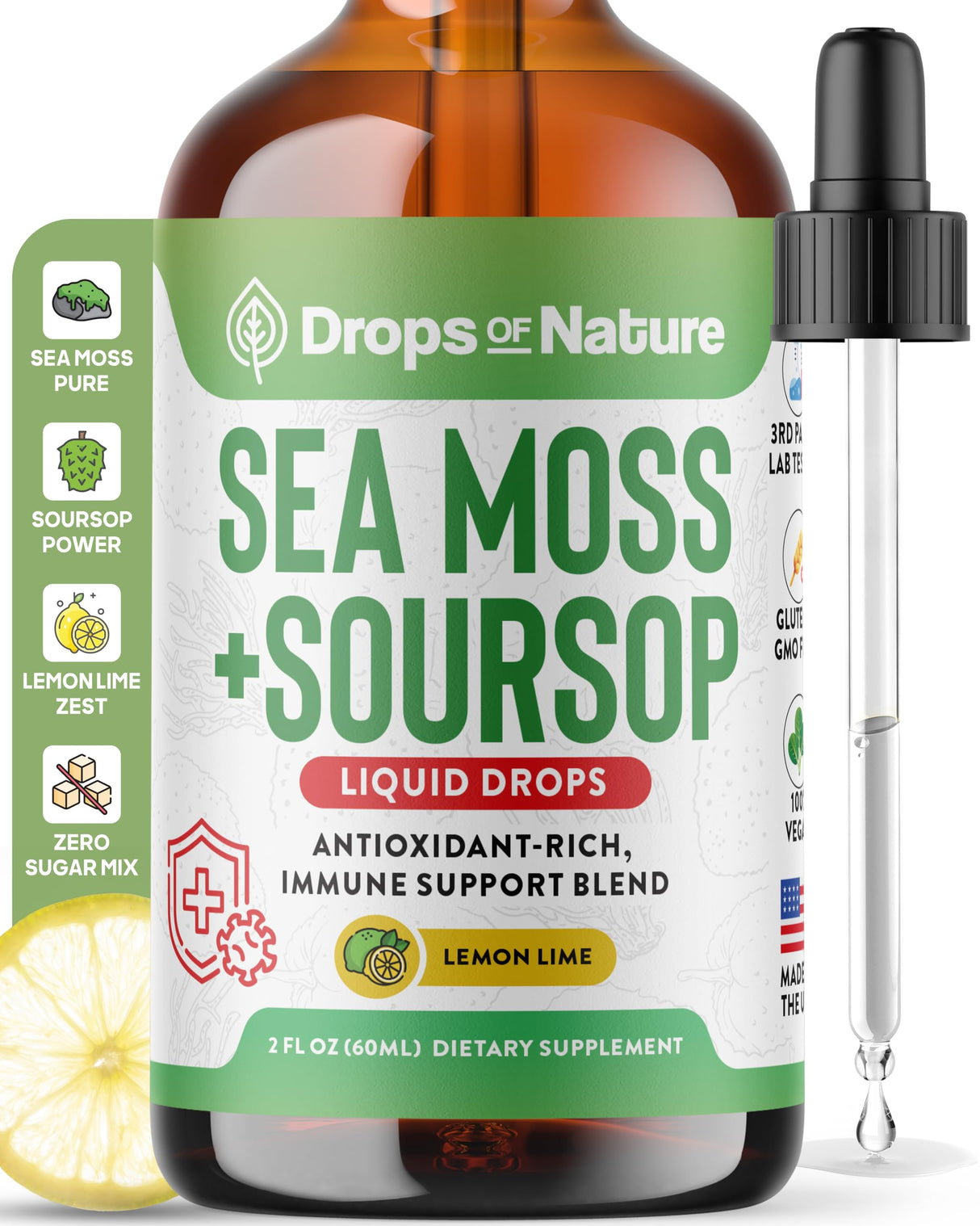 Soursop with Sea Moss Liquid Supplement – More Concentrated Than Sea Moss Gel – Easily Mix with Drinks – Soursop Bitters Liquid Drops for Hydration and Immune Support (Lemon Lime, 60mL)