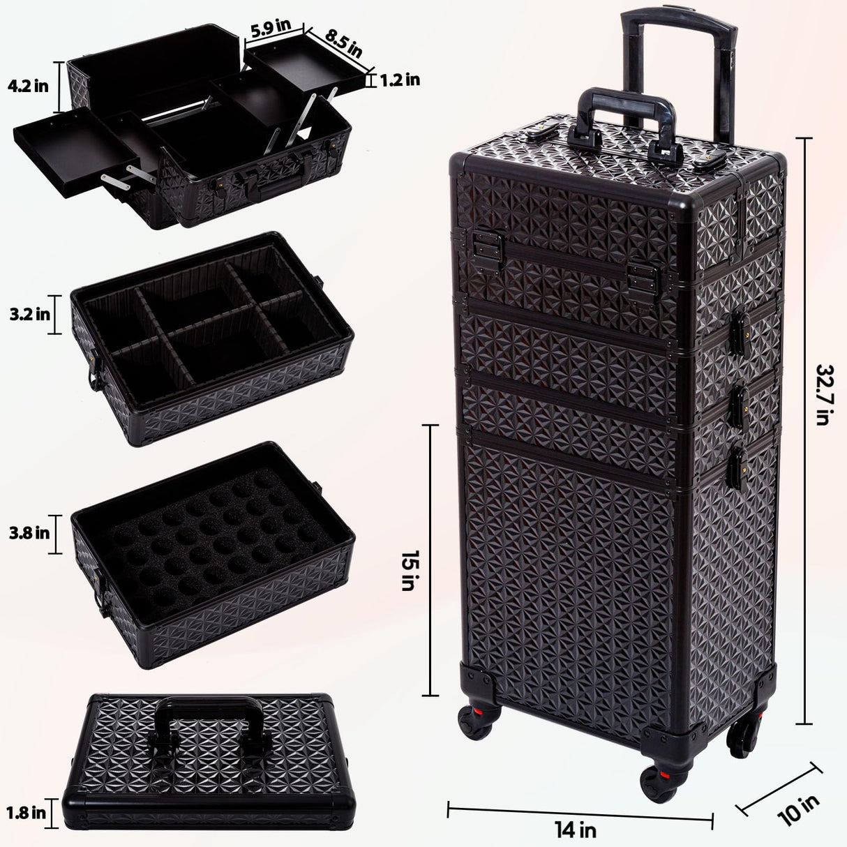 AROUS 5 in 1 Professional Makeup Train Case Aluminum Cosmetic Case Rolling Makeup Case Extra Large Trolley Makeup Travel Organizer, with 360° Swivel Wheels,Black