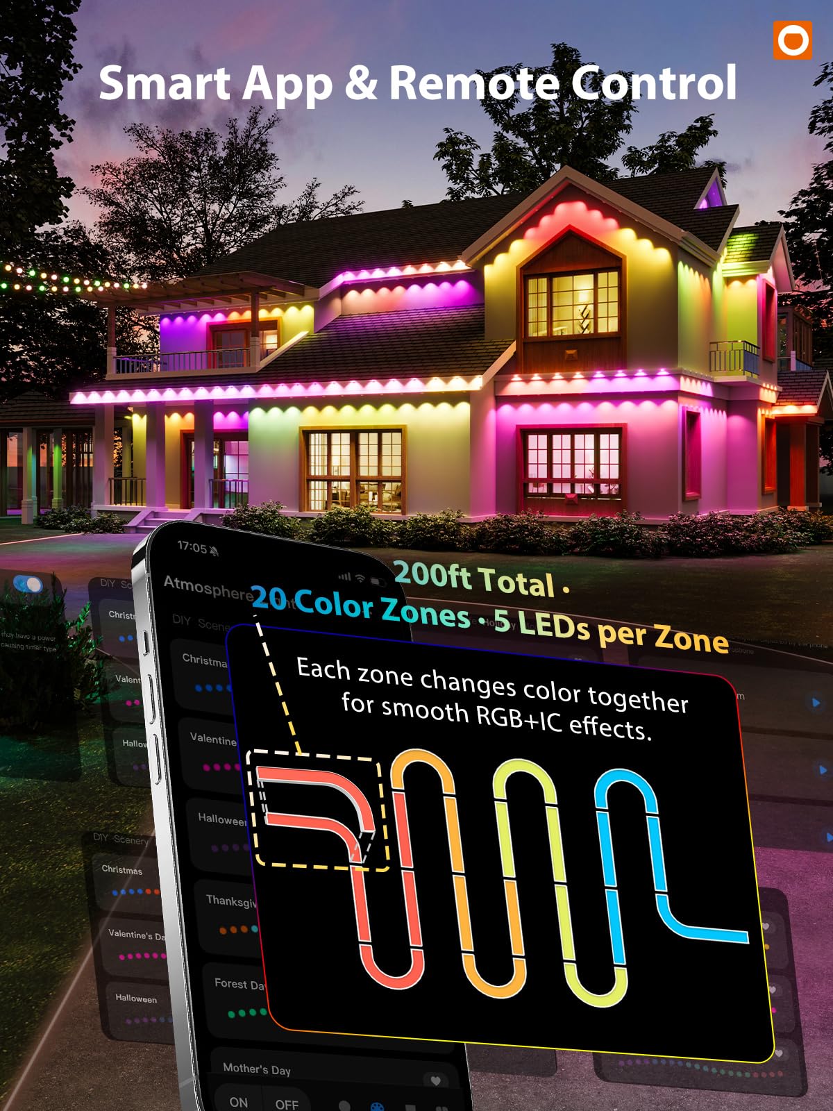 addlon 200FT Permanent Outdoor Lights, RGB+IC Smart LED Outdoor Lights for House, App & Remote Control, DIY Scene Mode, IP67 Waterproof Christmas Light, Holiday, Party, Halloween Decorations
