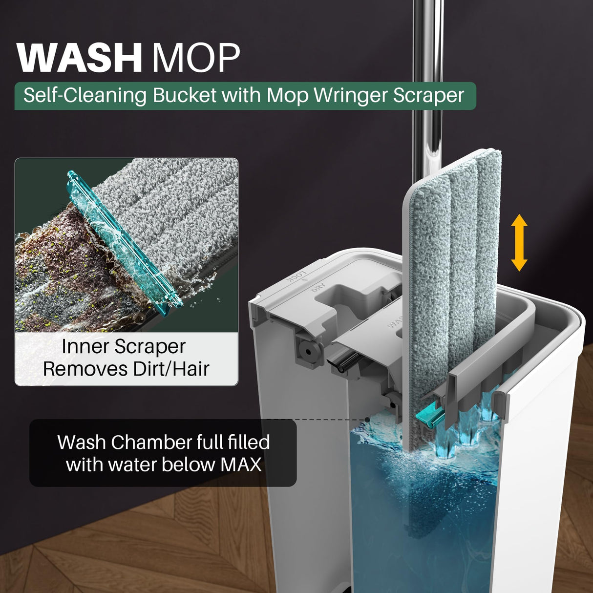 JOYMOOP Mop and Bucket Set with Wringer, Dust Mops for Floor Cleaning, Wall Cleaner with Long Handle,Wet and Dry Use - 8 Microfiber Mop Pads