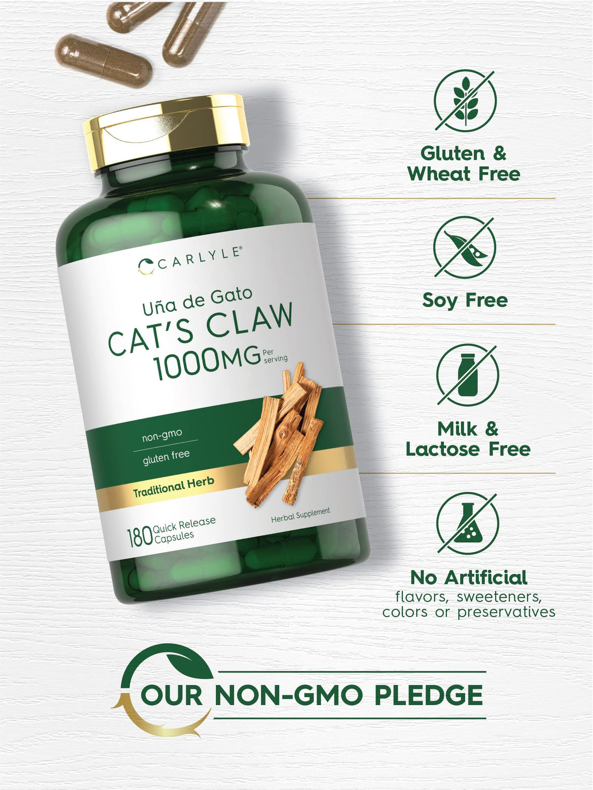 Carlyle Cat's Claw Herb Capsules 1000mg | 180 Count | Uncaria Tomentosa | Non-GMO, Gluten Free Supplement