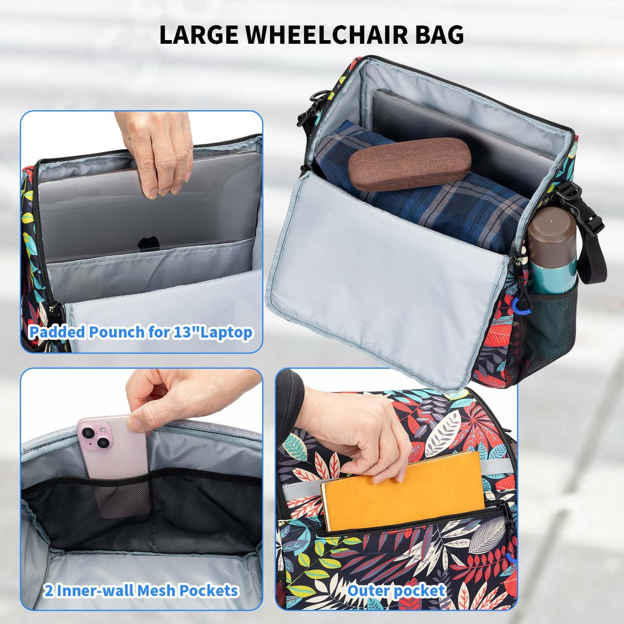 ZHCHG Wheelchair Bags, Wheelchair Backpack with Cup Holder, Wheelchair Bags to Hang on Back, Electric Wheel Chair Accessories, Large Storage Bag for Walker Rollator