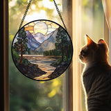AMDERVEN Stained Glass Window Hanging, Sunset Mountains Lake Tree Sun Catcher for Window Home Decor Landscape Suncatcher Mother's Day Birthday Gifts for Women Men Mom and Nana 11.8 in