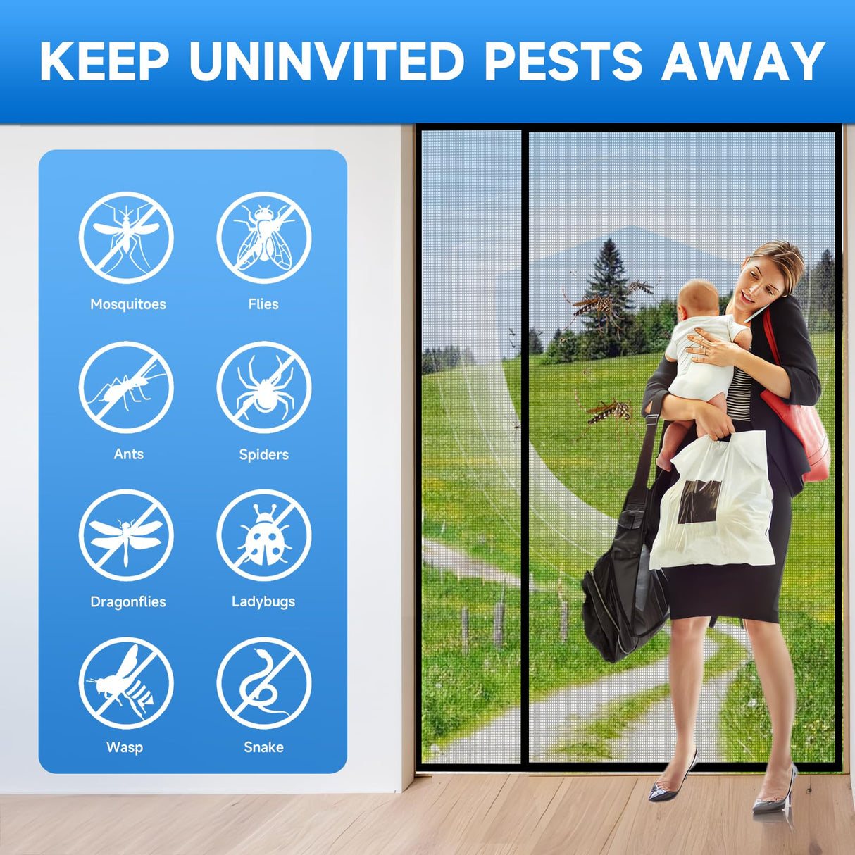 LONGEAS Magnetic Screen Door Mesh Left Right Side Opening Upgraded PET Material Mesh Stronger Than Fiberglass and Polyester,Keep Bugs Out,Pet & Kid Friendly Screen Size 74'' X 82''