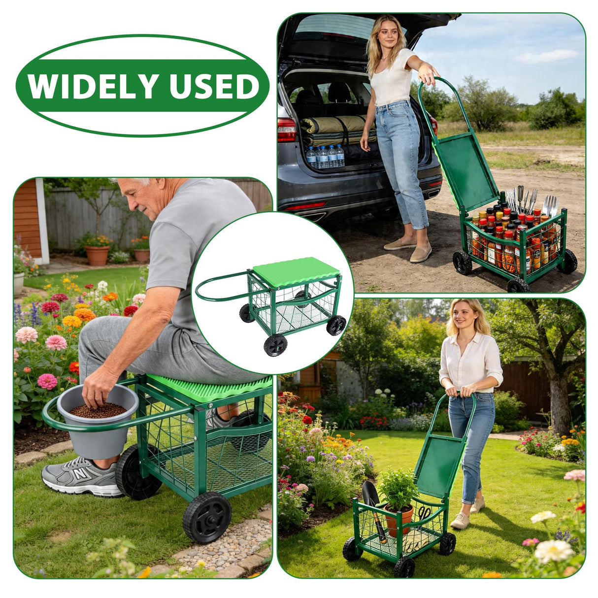 Rolling Garden Workseat with Wheels, Metal Frame Gardenning Stools with Padded Cushion,Hold 150Kgs