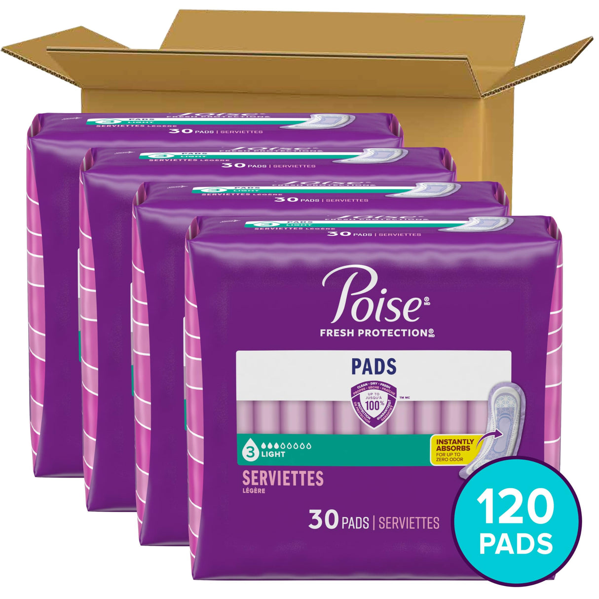 Poise Incontinence Pads & Postpartum Incontinence Pads, 3 Drop Light Absorbency, Regular Length, 120 Count (4 Packs of 30), Packaging May Vary