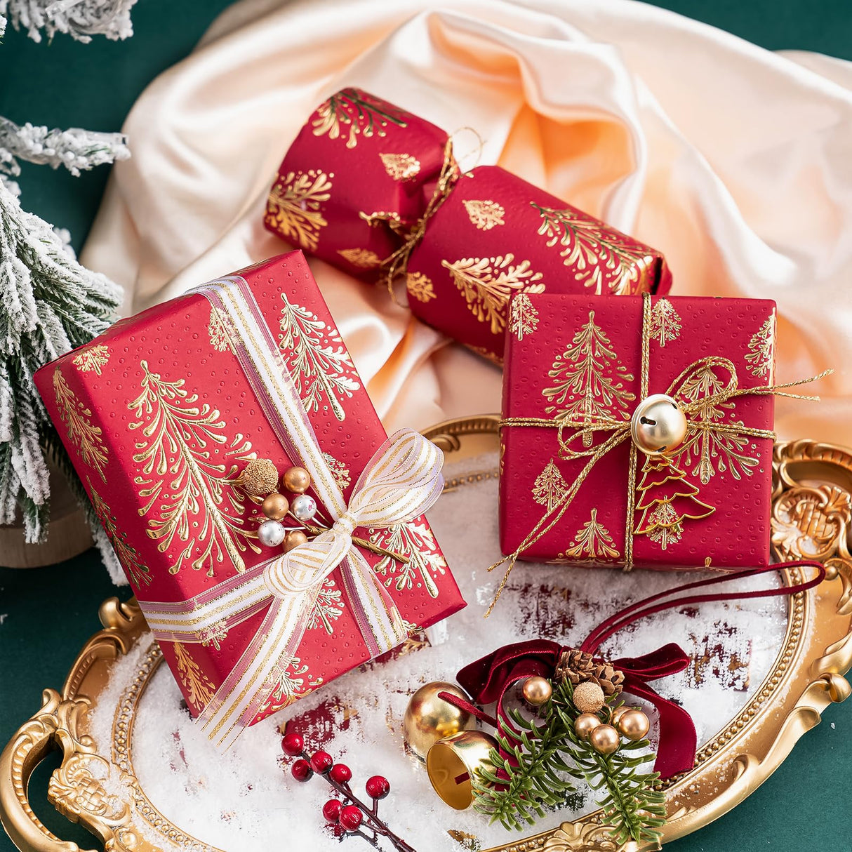 WRAPAHOLIC 30 Inch Jumbo 3D Kraft Christmas Wrapping Paper - 30 Inch x 16.5 Feet - Gold and Red Christmas Tree Wrapping Paper with Embossed Perfect for Holiday, Party Celebration