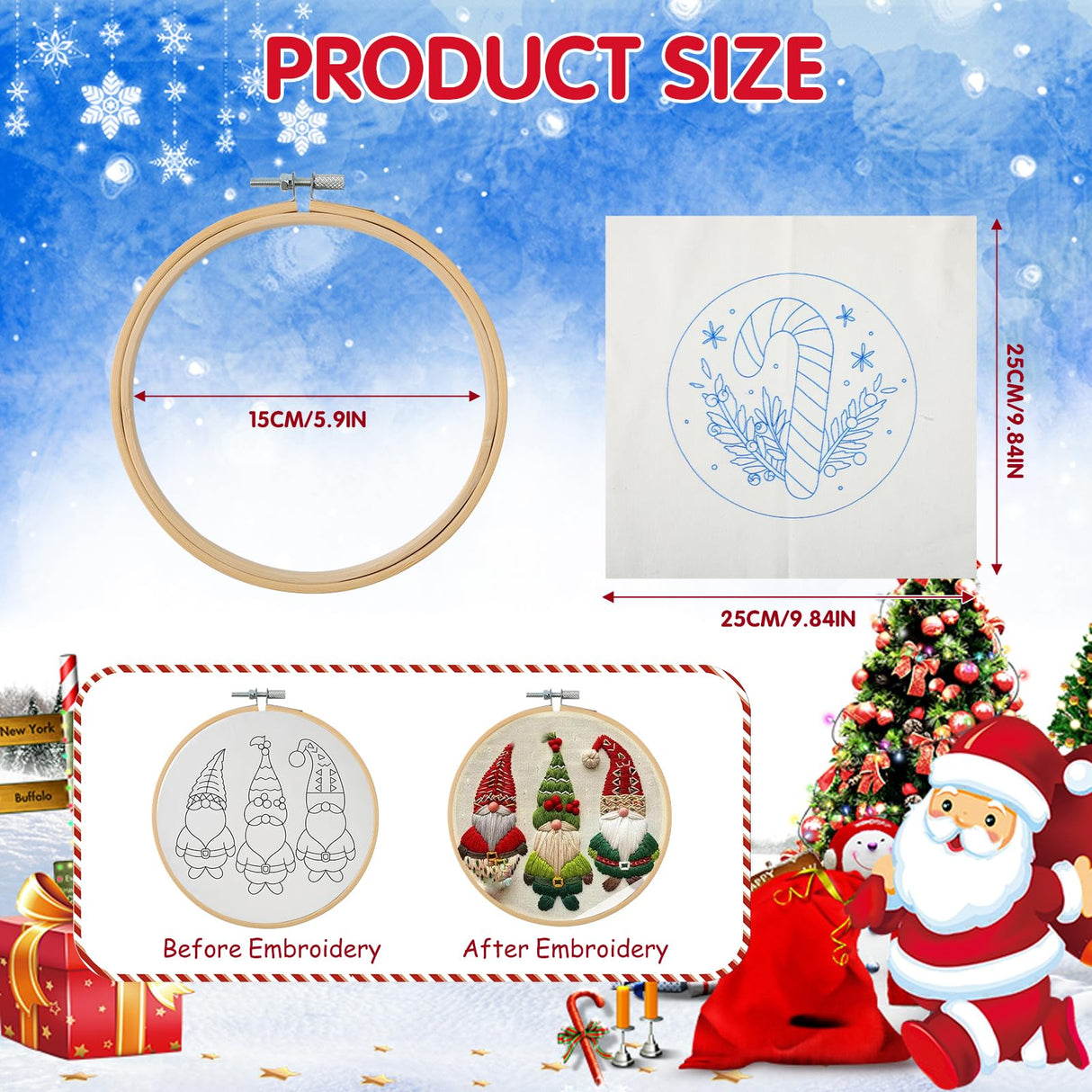 Christmas Embroidery Kit, DIY Hand Embroidery Kit, Beginner Embroidery Kit for Adults, Embroidery Christmas Ornament Kits (B)