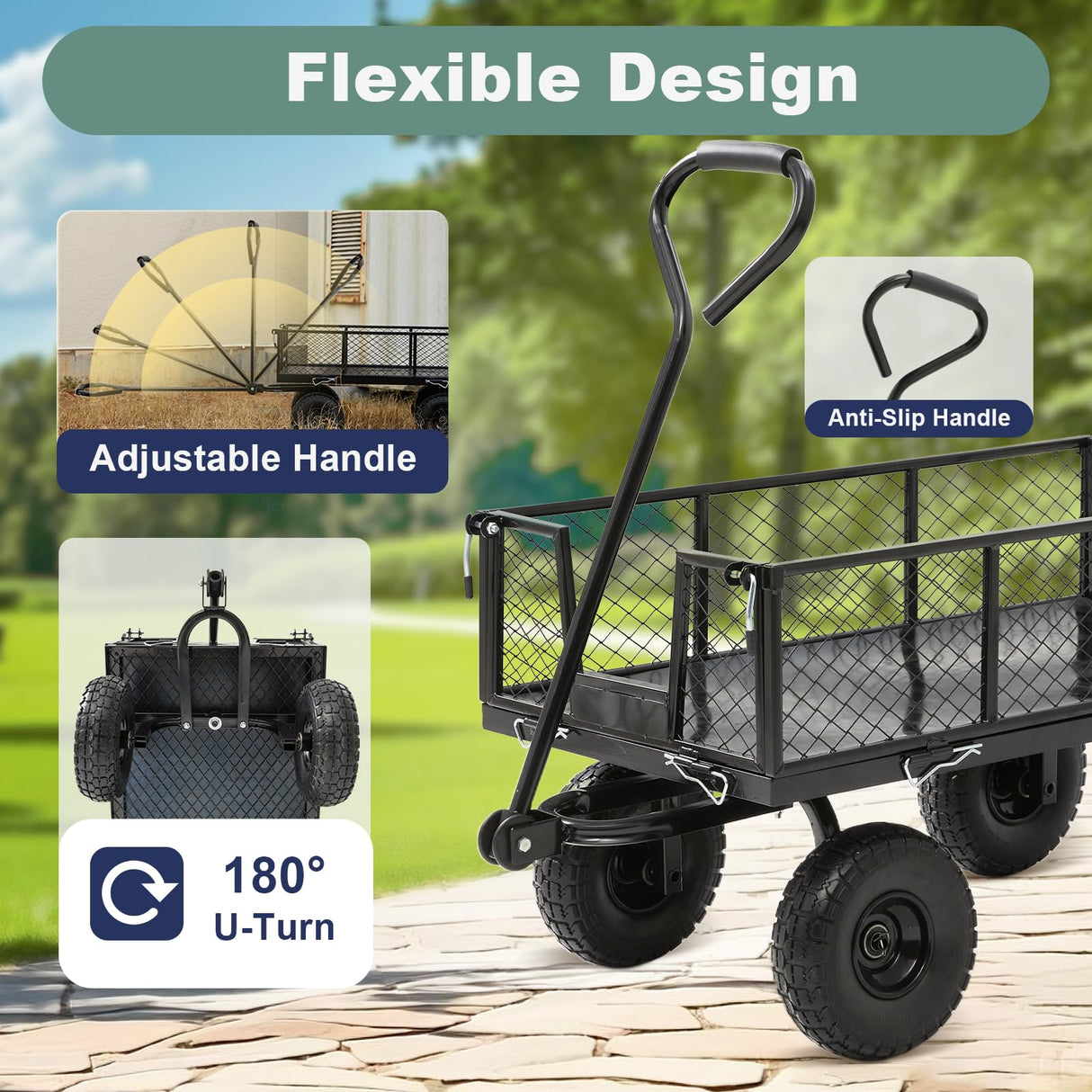 HEAHOLD Heavy Duty Garden Wagon Cart – 880 LBS Steel Utility Cart with All-Terrain 3.50-4" Solid Wheels, 10" Tires, 180° Rotating Handle, Removable Sides, Laser-Welded Frame