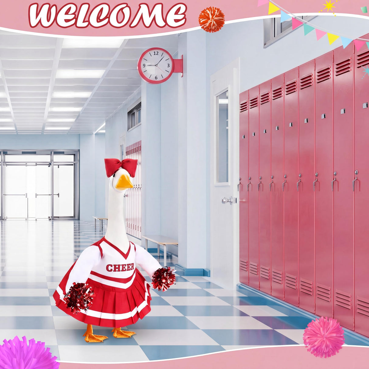 Sunnymove 2 Pcs Cheerleader Porch Goose Outfit Classroom Clothes Cheerleading Costume with Pom Poms and Bow for 23" Lawn Cement Goose Halloween Garden Yard Outdoor Classroom Decorations (Red)