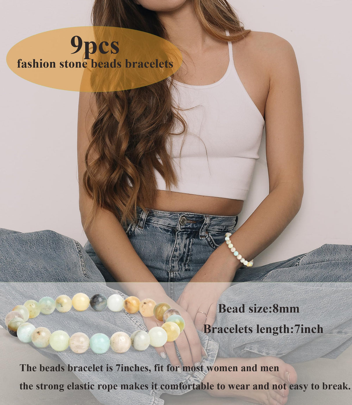 BOMAIL 9PCS Natural Stone Crystal Beaded Bracelets for Women