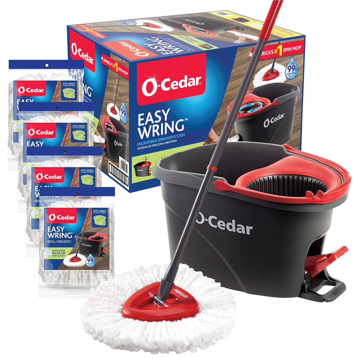 O-Cedar Easywring Microfiber Spin Mop & Bucket Floor Cleaning System with 4 Extra Refills