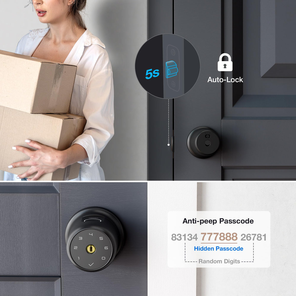 ThorBolt G1 Fingerprint Door Knob Lock with Keypad Biometric Door Knob Auto-Lock 4* AAA Alkaline Batteries Interior Door Lock for Bedroom, Garage, Office, Pantry Door Black