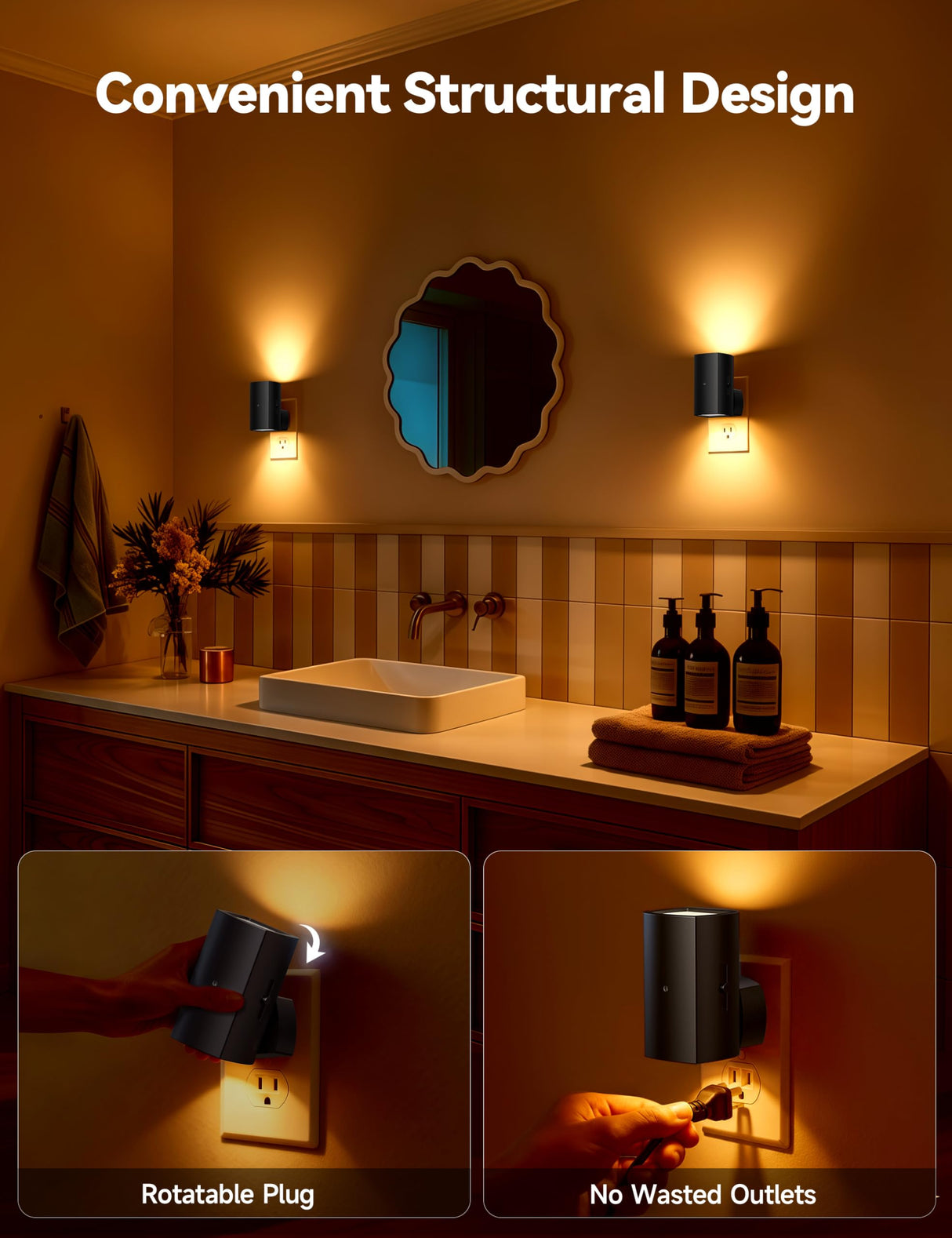Brightown 2 Pack Black White Night Lights Plug into Wall, Modern Night Light with Rotating Plug, Dusk to Dawn Sensor, 0-100LM Stepless Dimming Aora Night Light for Hallway Bedroom Bathroom,Amber