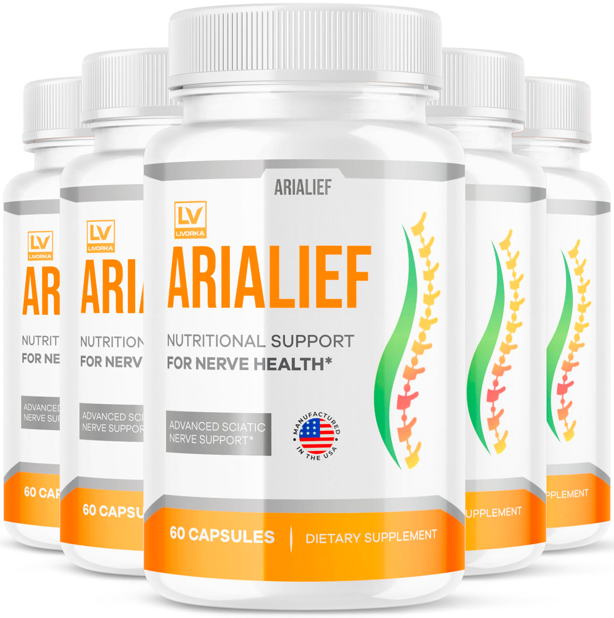 LIVORKA (5 Pack) Arialief Capsules for Sciatica, Arialeaf Nutritional Support for Nerve Health, Arialeaf Prime Palm Sciatica, Aria Leaf Primepalm Aria LIEF Vitamin, 5 Month