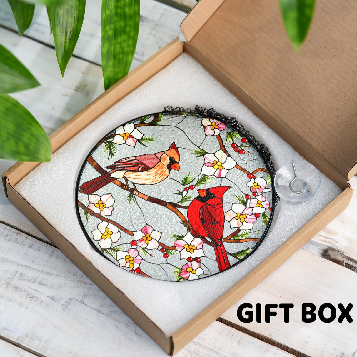 7.8" Cardinal Stained Glass Suncatcher, Cardinal Suncatcher Red Bird Window Hanging, Sun Catcher Red Birds for Window, Cardinals Gifts for Women, Mom, Memorial Gift for Father, Dad BIRD-22B-SG8