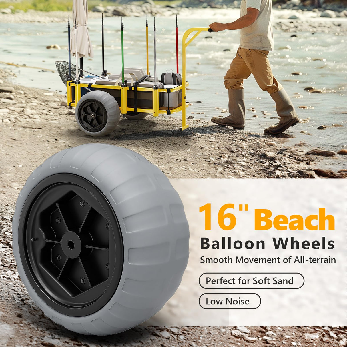 Bonnlo Beach Fishing Cart, Beach Wagon Trolley with 16" Big Balloon Wheels for Sand, Foldable Trailer with Large Cargo Deck, 400 lbs Load Capacity, 8 Fishing Rods Holders, Mesh Bag, Hand Pump