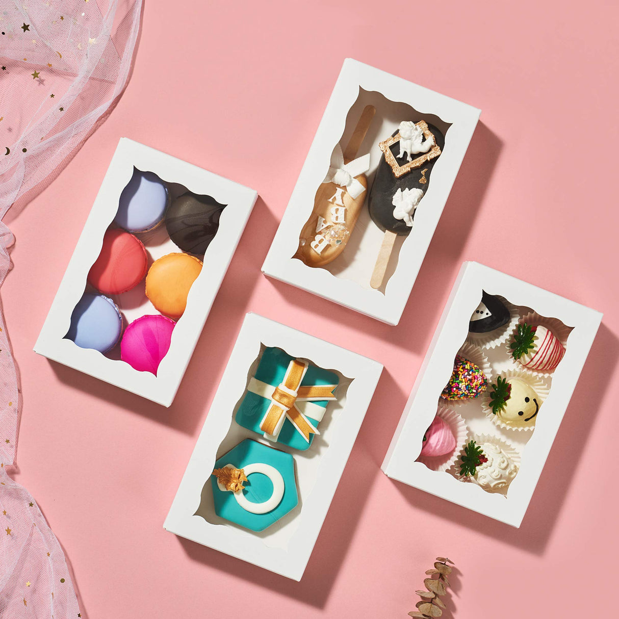 RomanticBaking 100 Pack White 7 x 4 3/8 x 1 1/2inches Cookies Boxes with Window Christmas Bakery Packaging for Macaron Treat Boxes Chocolate Truffle