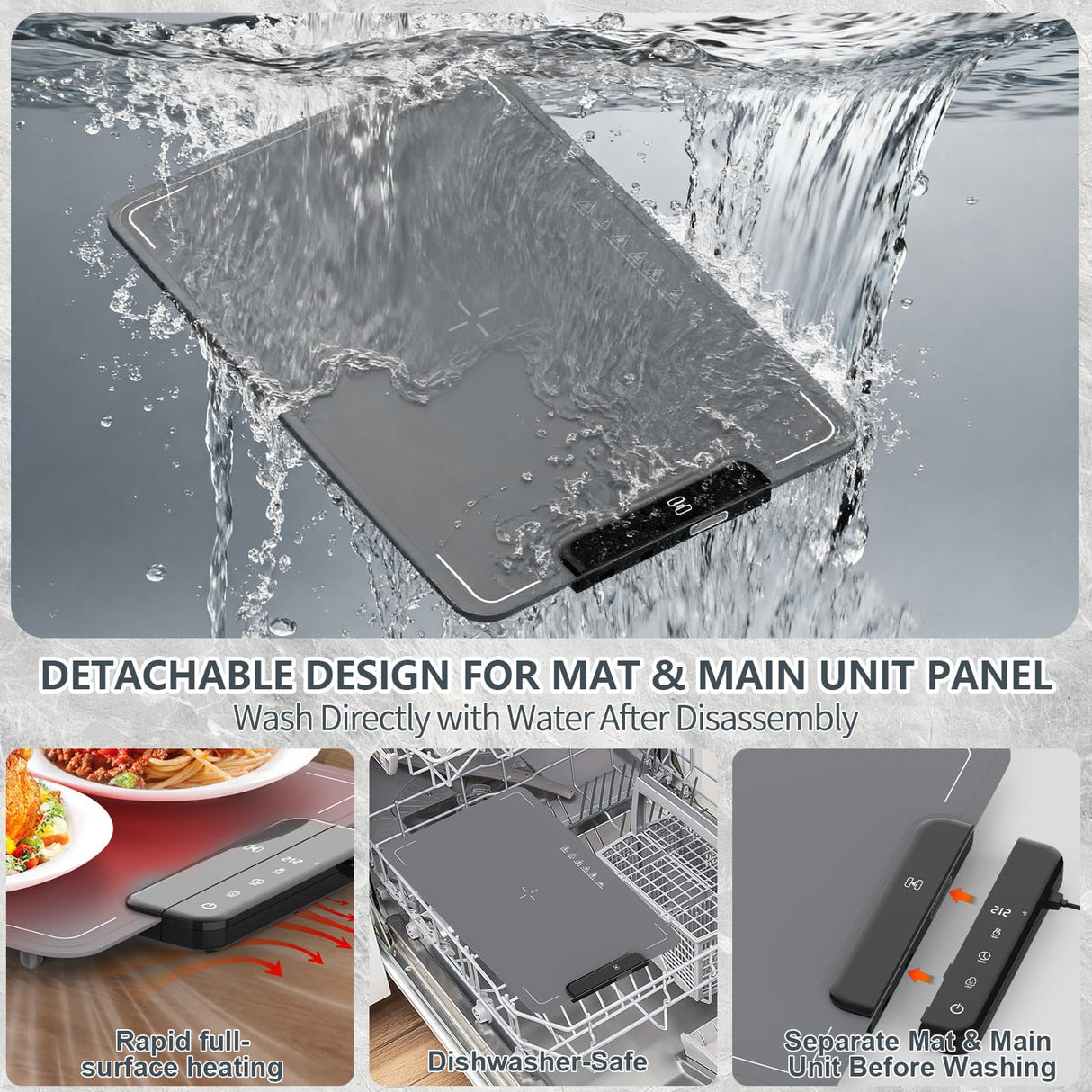 Portable Food Warming Mat with Waterproof Design, Silicone Food Warming Tray with 6 Temperature & 6 Timer Settings, Child Lock Safety, 8s Rapid and Full Surface Heating Food Warmer for Everyday Use